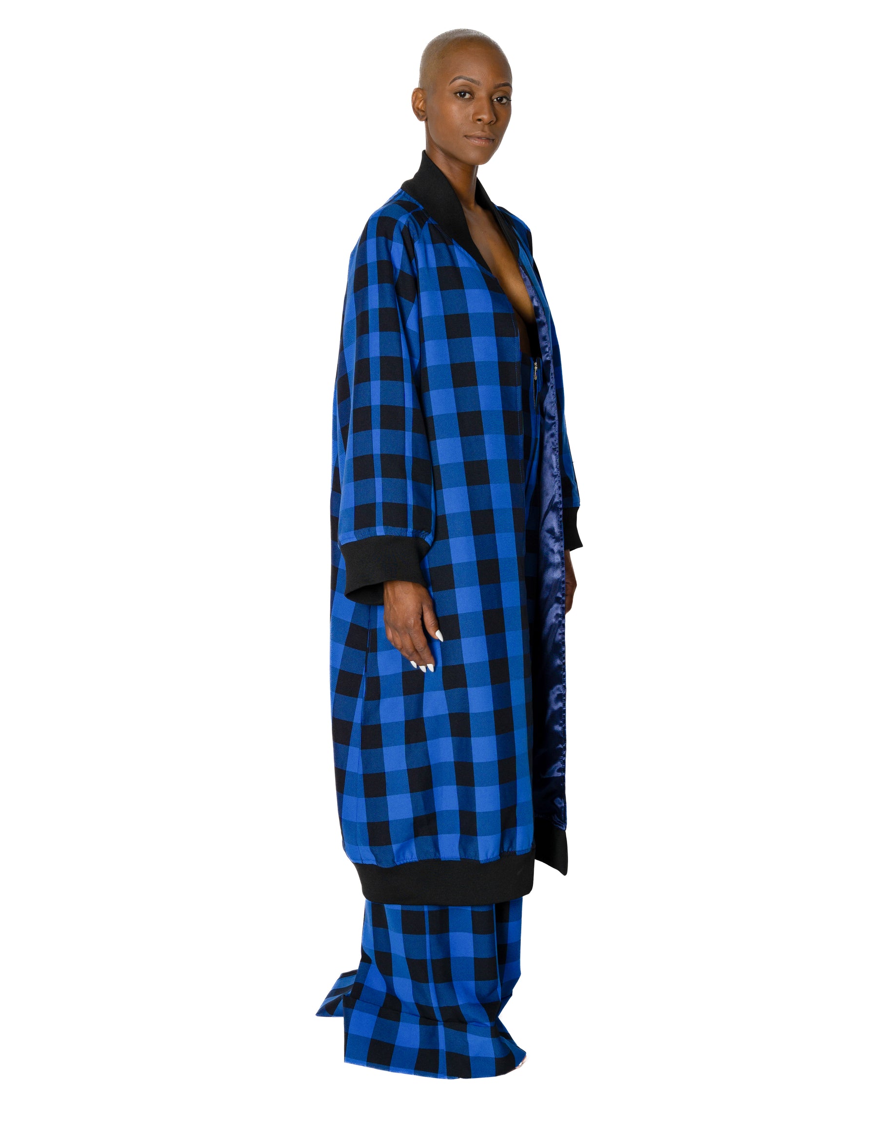 Long Length Kimono Style Plaid Baseball Jacket