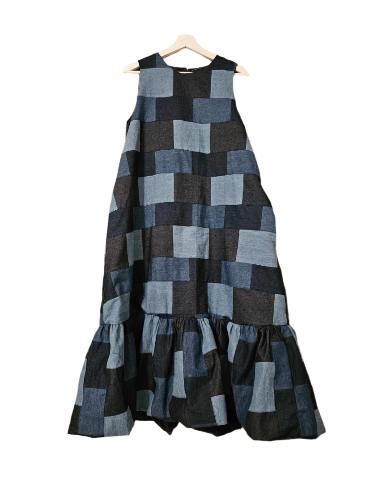 Patchwork Denim A-Line Dress W/Ruffle Bottom